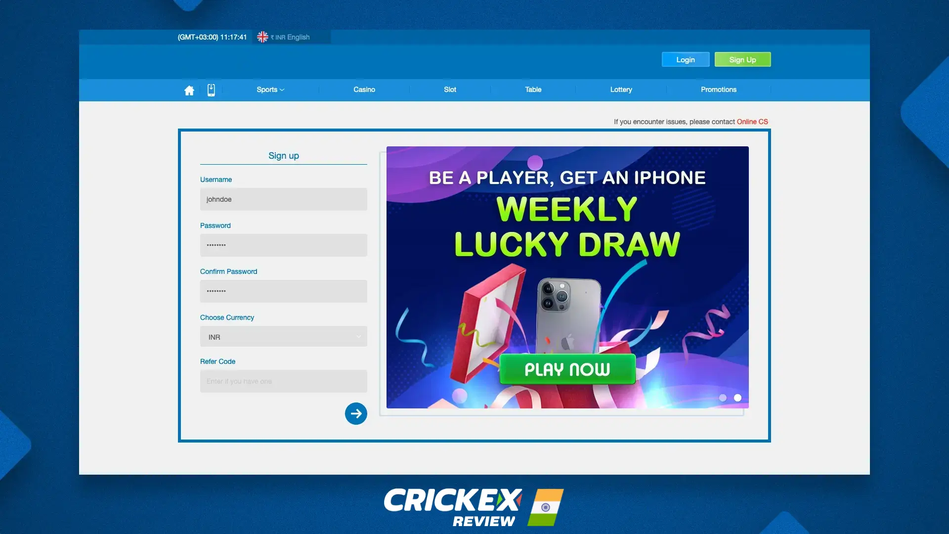 Registration form at Crickex website for new users