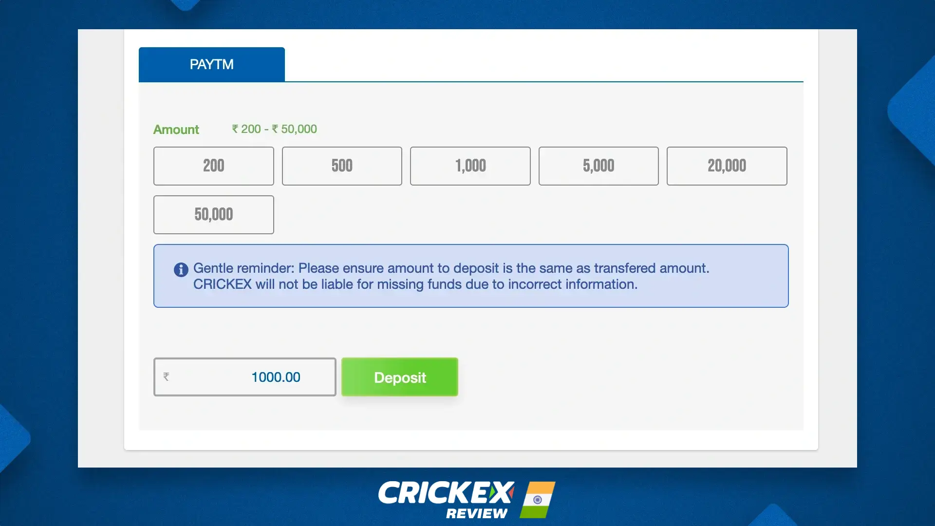 Deposit page on Crickex sports betting platform