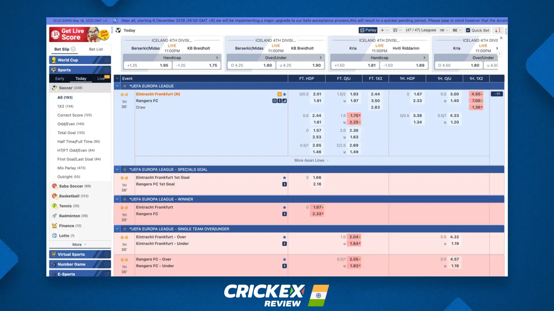 Selecting a match to bet on the Crickex website