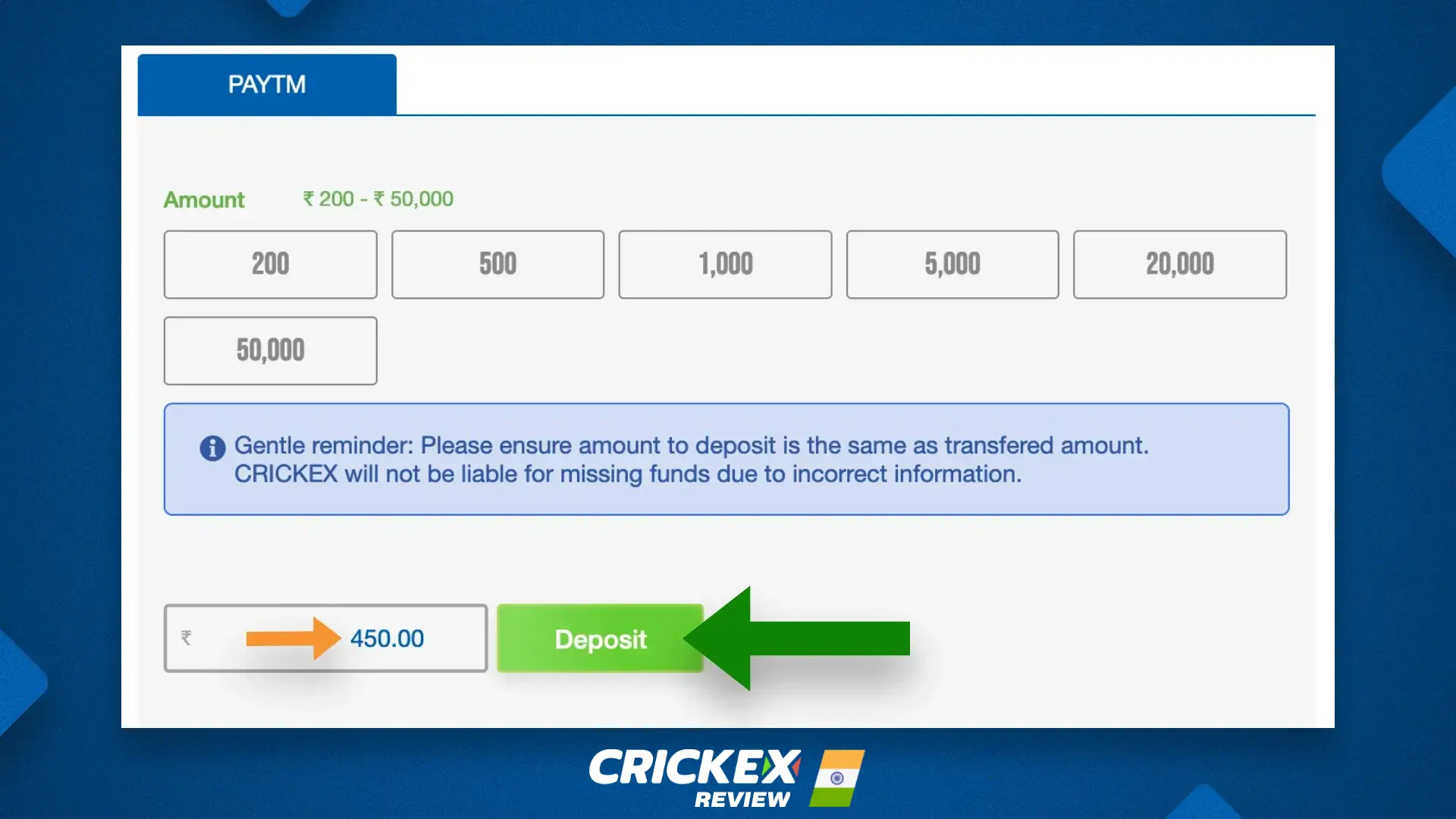 Deposit amount and proof of payment at Crickex platform