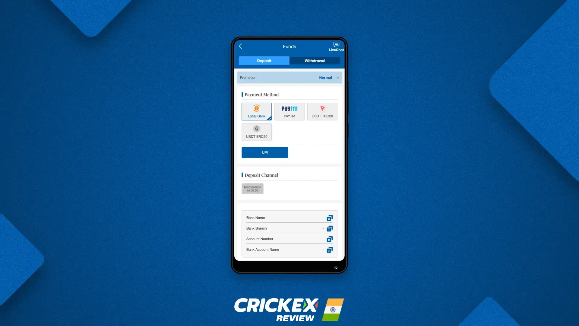 Available payment methods in the crickex mobile app for indian players