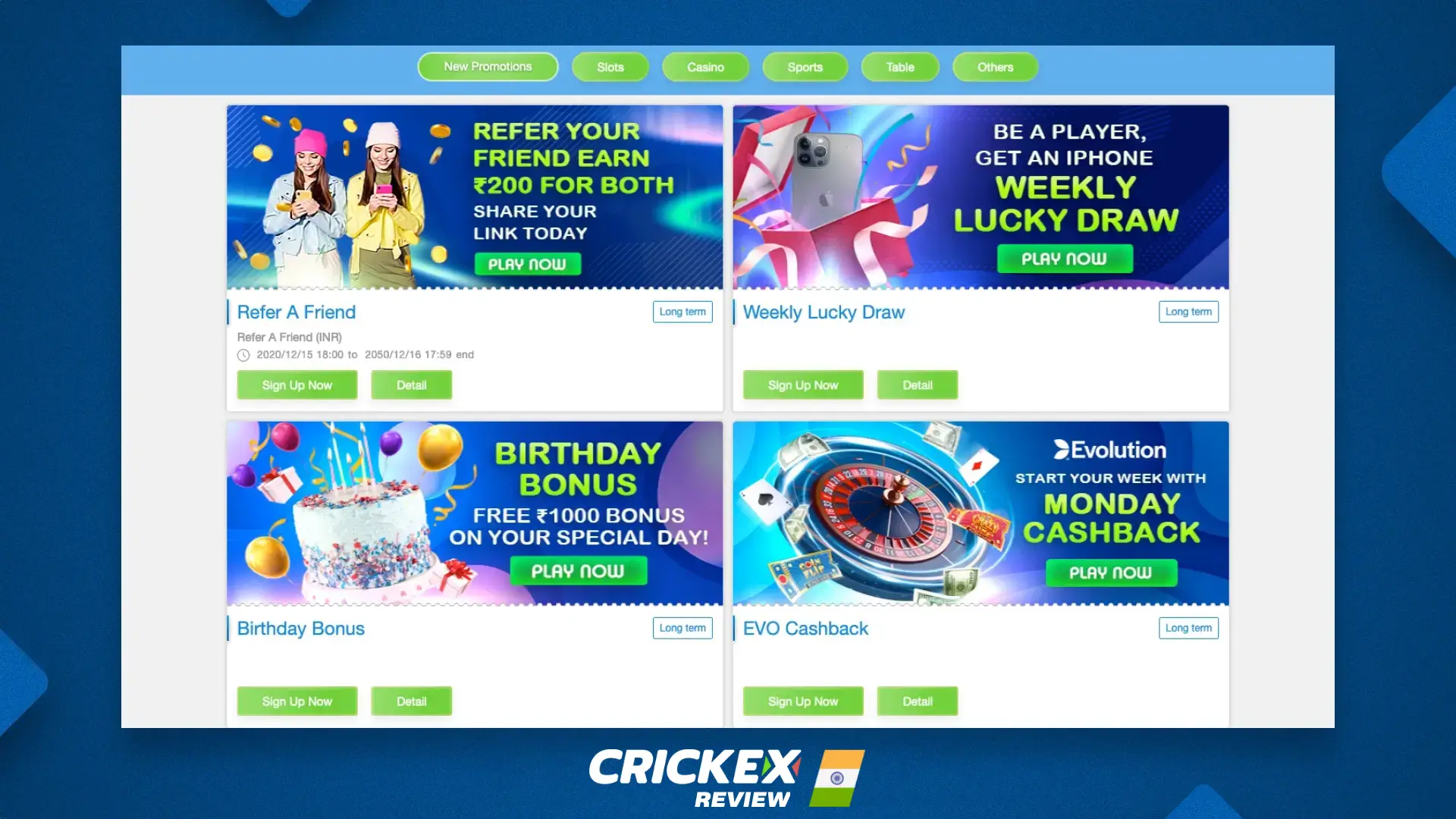 Available Crickex bonuses and promotions for players from India