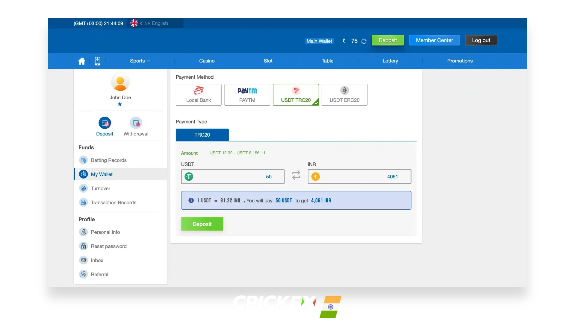 Payment methods on the Crickex platform