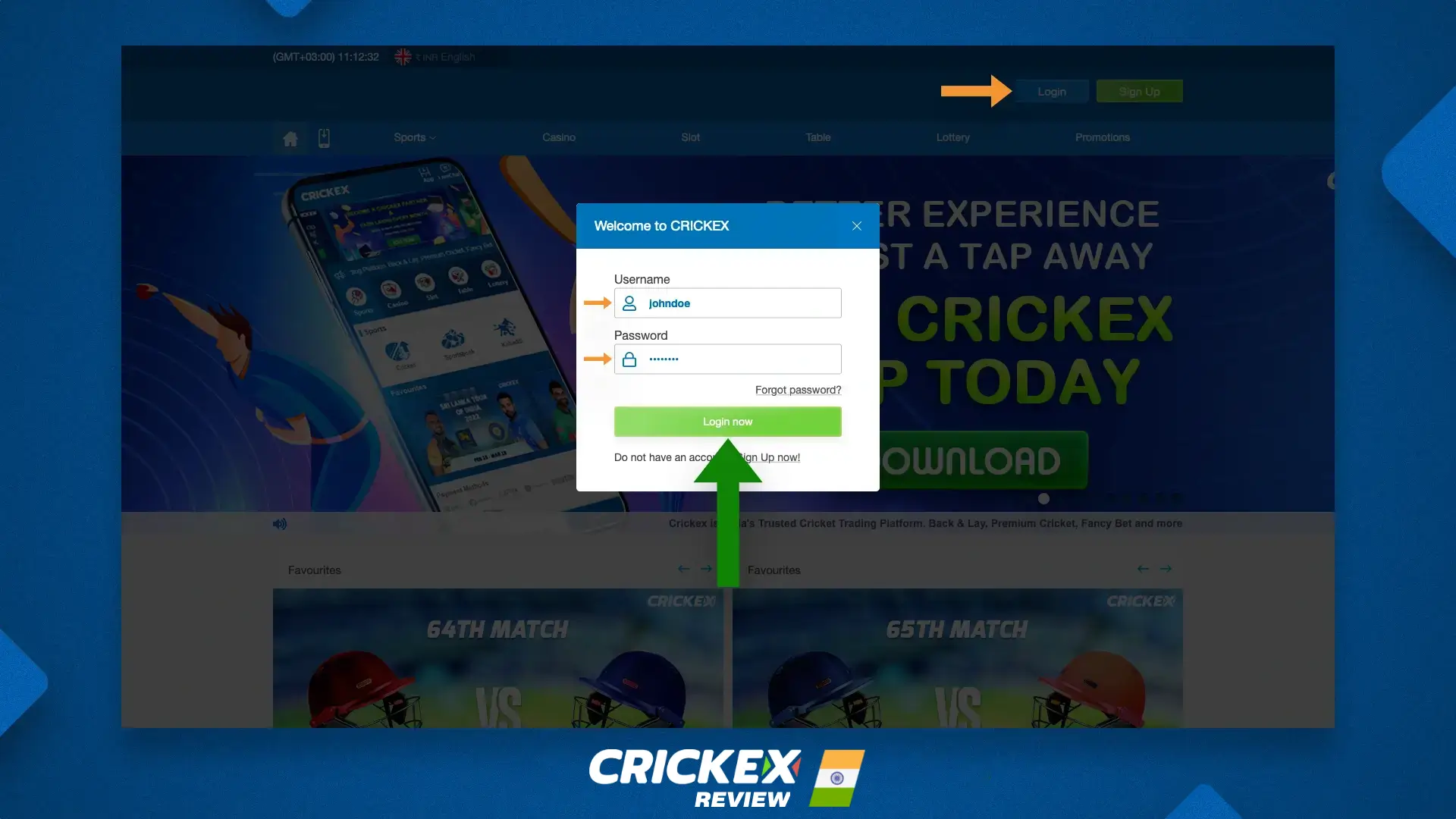 Log in to the Crickex website to access your personal account
