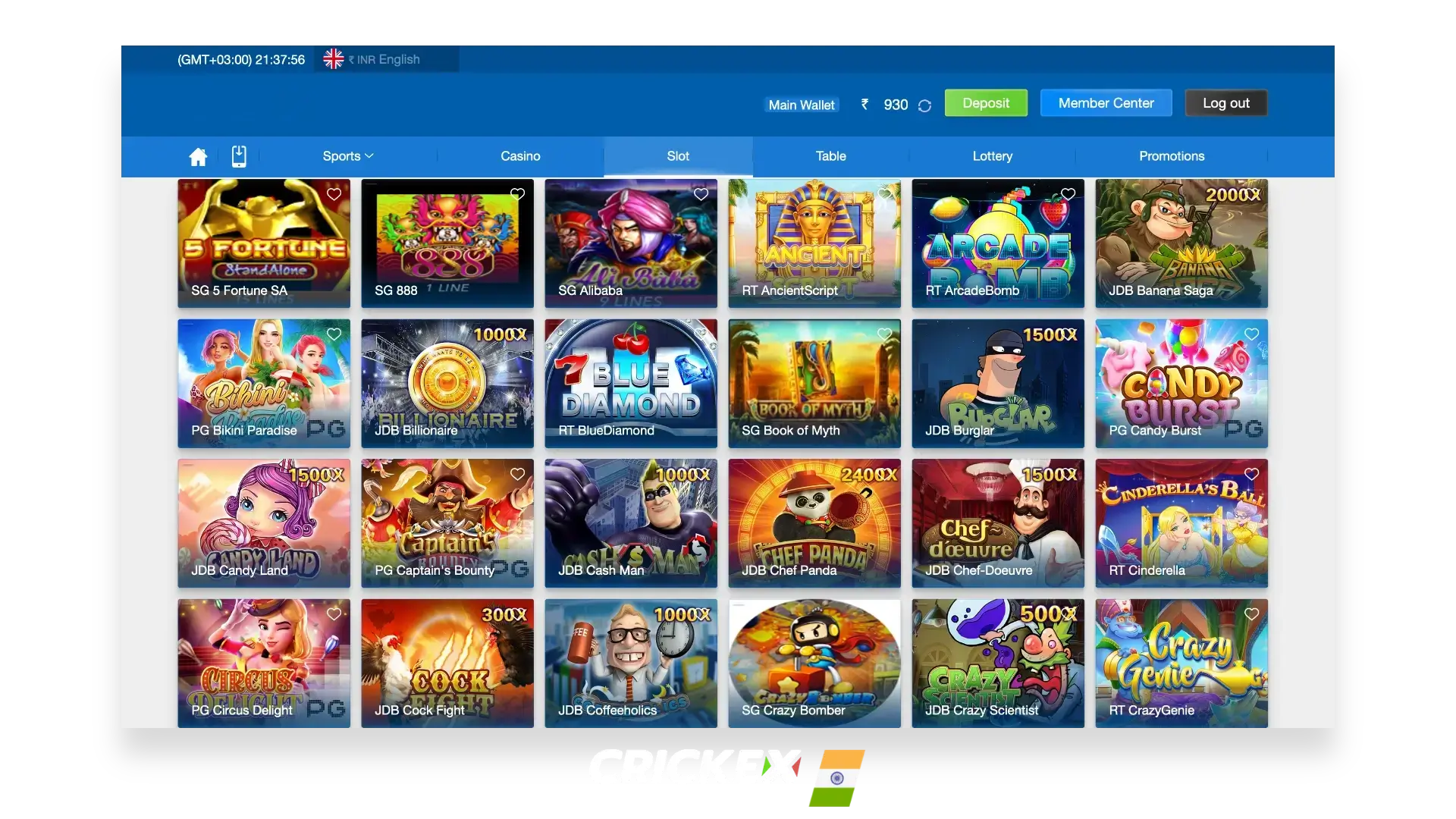 Crickex online casino with hufe selection of popular games