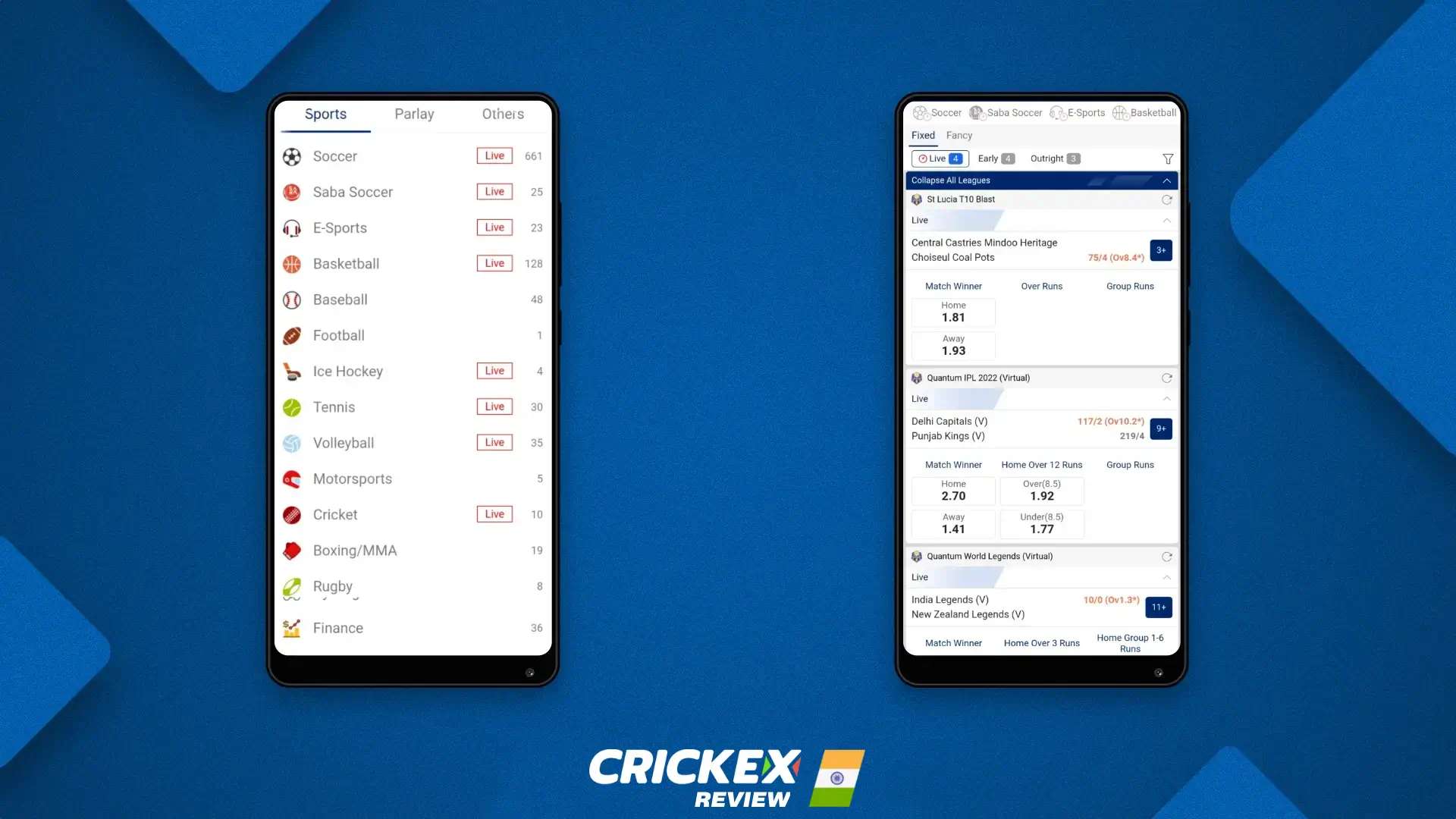 Crickex ऐप विभिन्न प्रकार के खेल प्रदान करता है जिन पर आप दांव लगा सकते हैं, जिसमें क्रिकेट, टेनिस, सॉकर, और बहुत कुछ शामिल हैं