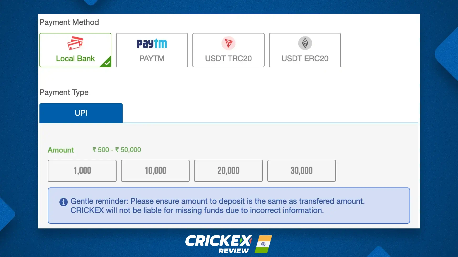 Payment systems available for depositing at Crickex