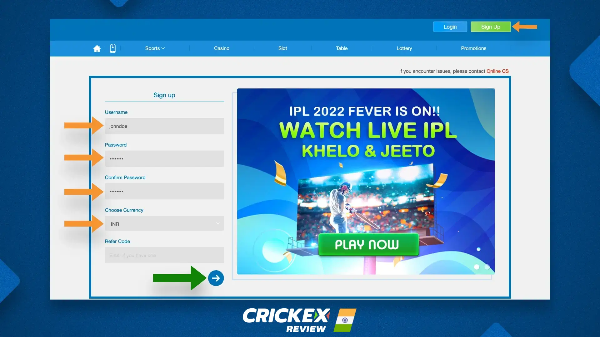 Crickex Registration form for new Users from india & bangladesh