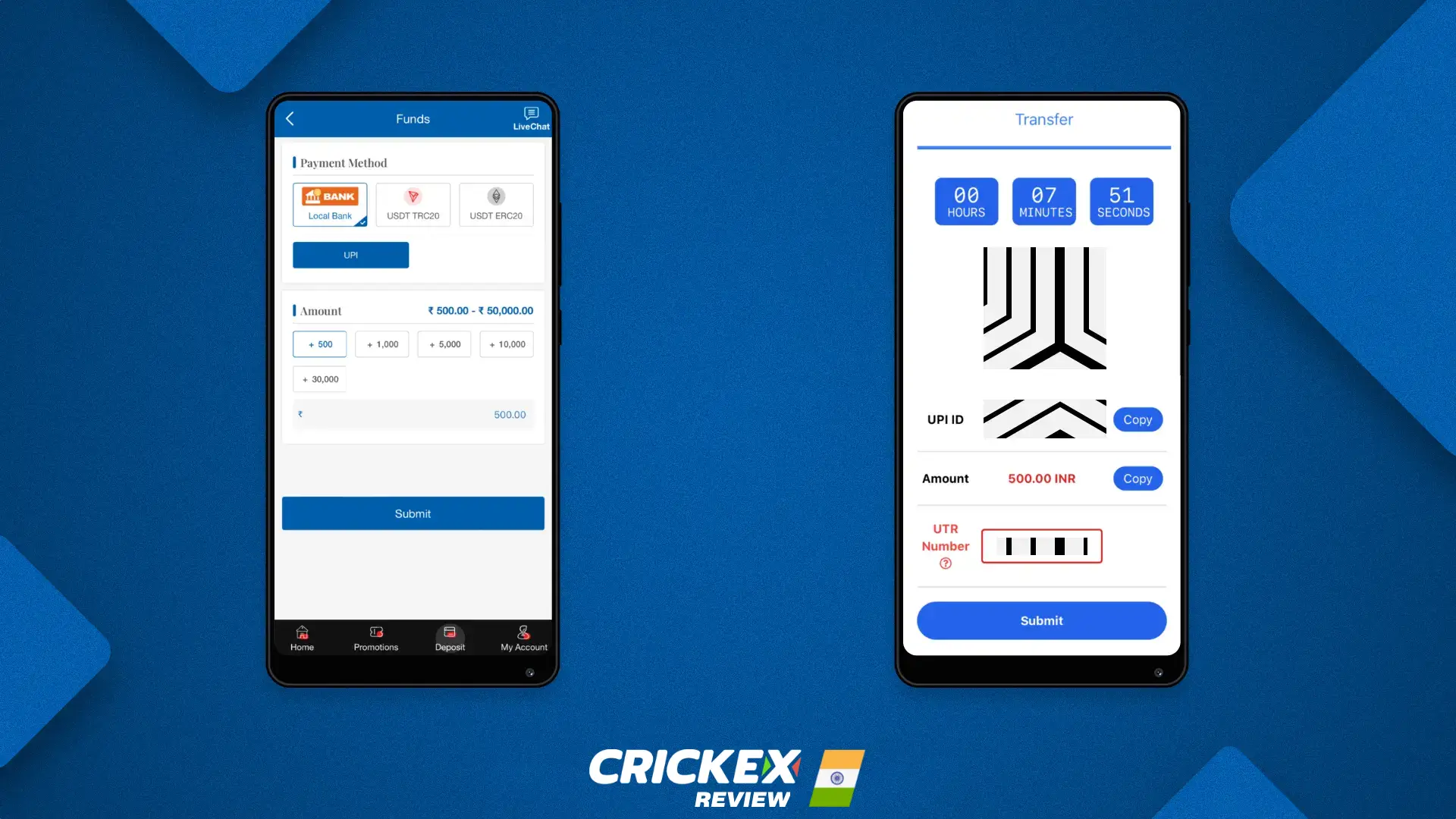 Topping up your balance in the Crickex app is as easy as on the website
