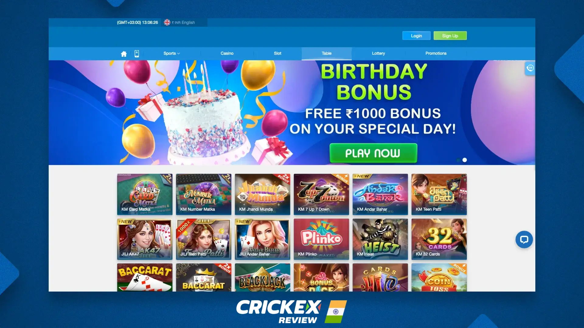 Table games at online casino Crickex available for players from India